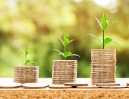 Drie stapels munten met daarop groeiende plantjes als symbool voor duurzame investering en financiële groei